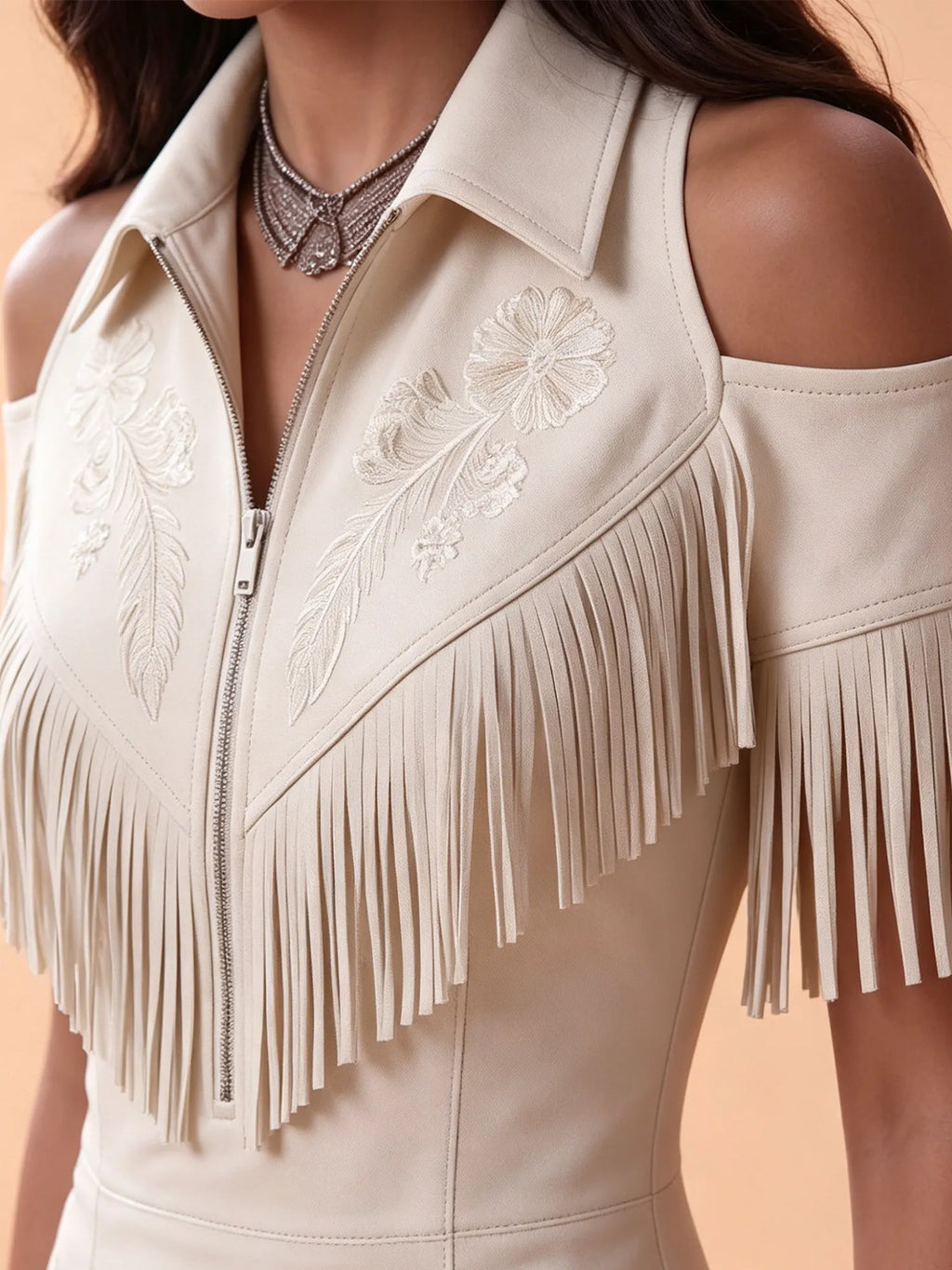 Western Dress — Ivory Cream Feather Embroidered Fringe Suede Dress Mini Dress