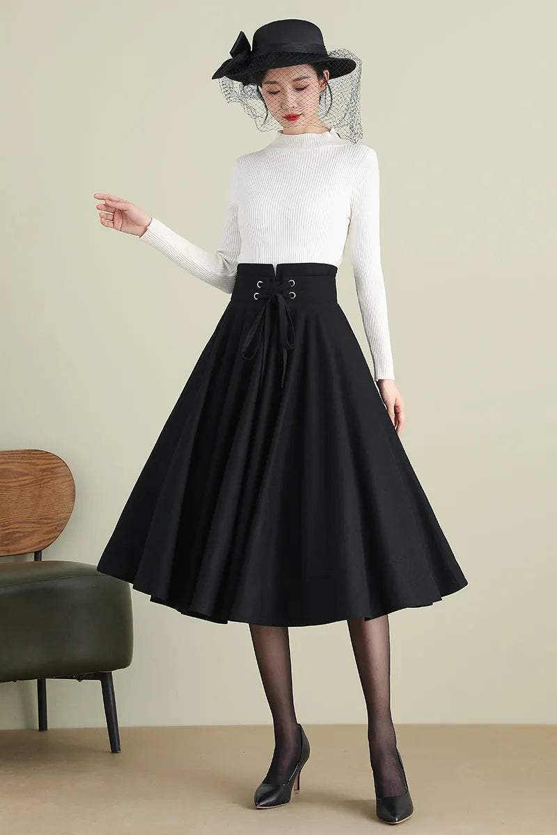 Black Wool Midi Skirt - High Waist Circle Swing 