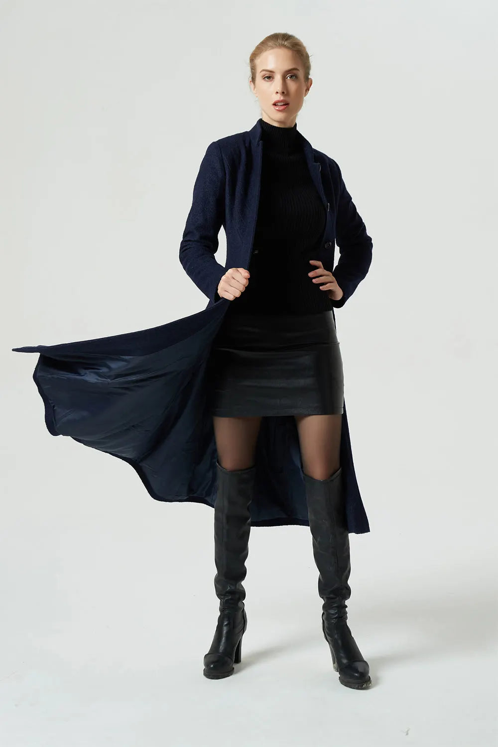 Vintage Wool Coat for Women – Handmade Navy A-Line Midi Winter Coat with Stand Collar 