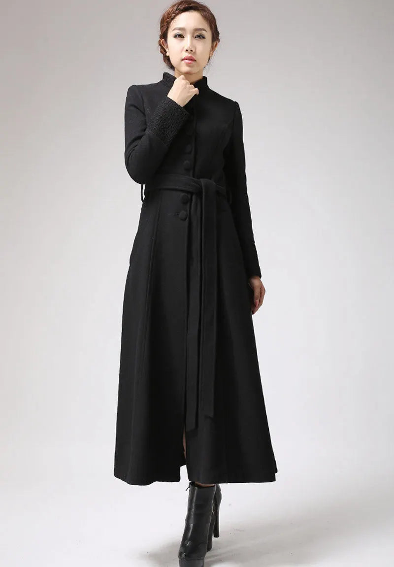 Handmade Black Wool Maxi Coat – Elegant Mandarin Collar Winter Overcoat with Belt 