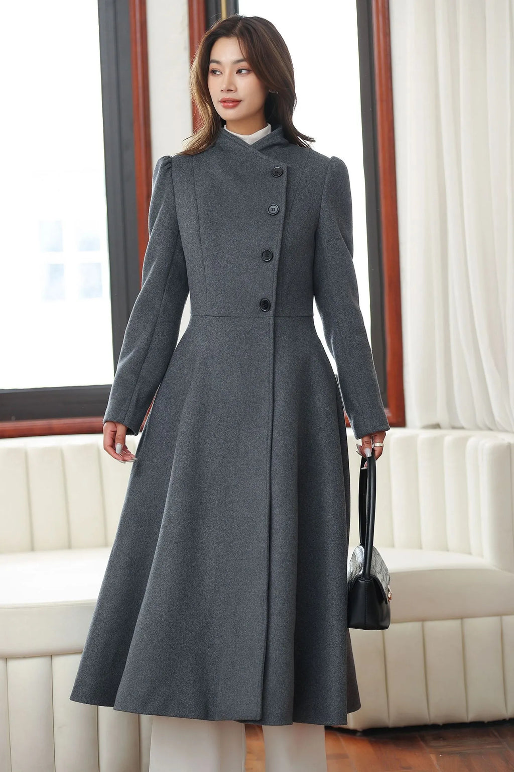 Dark Gray Wool Long Coat – Vintage A-Line Winter Overcoat with Pockets 4027