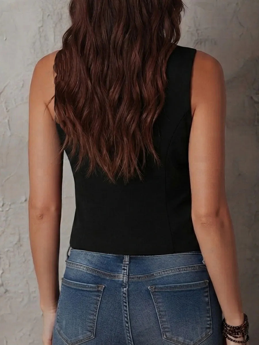 Boho Black Lace Trim Zip-Up Corset Vest