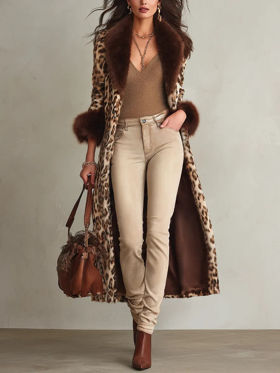 Vintage Brown Leopard Print Fur Trim Maxi Coat