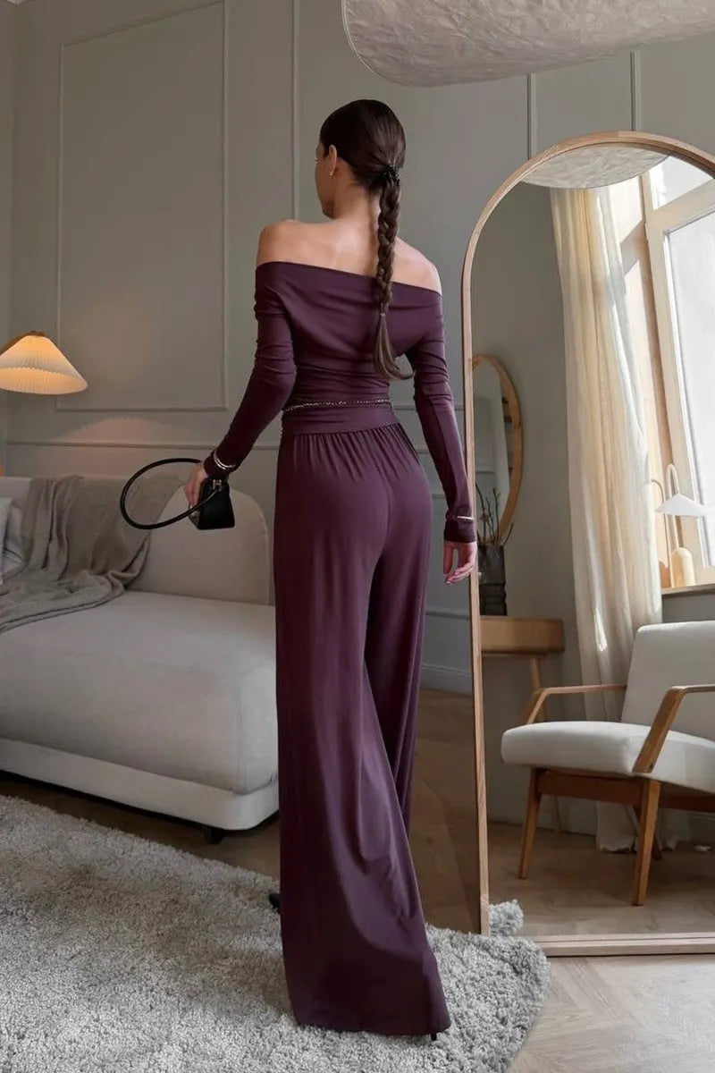 Off Shoulder Knit Top Wide Leg Pants Set