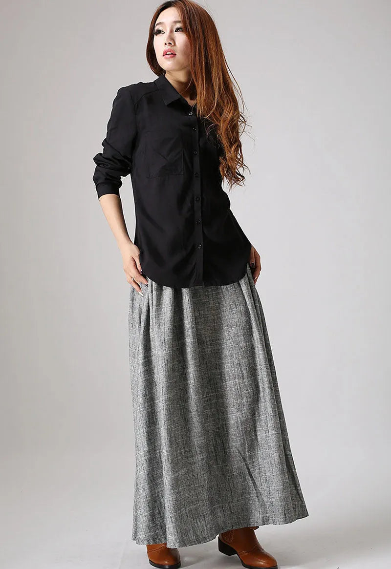 Grey Linen Cotton Maxi Skirt - Pleated A-Line Silhouette 886