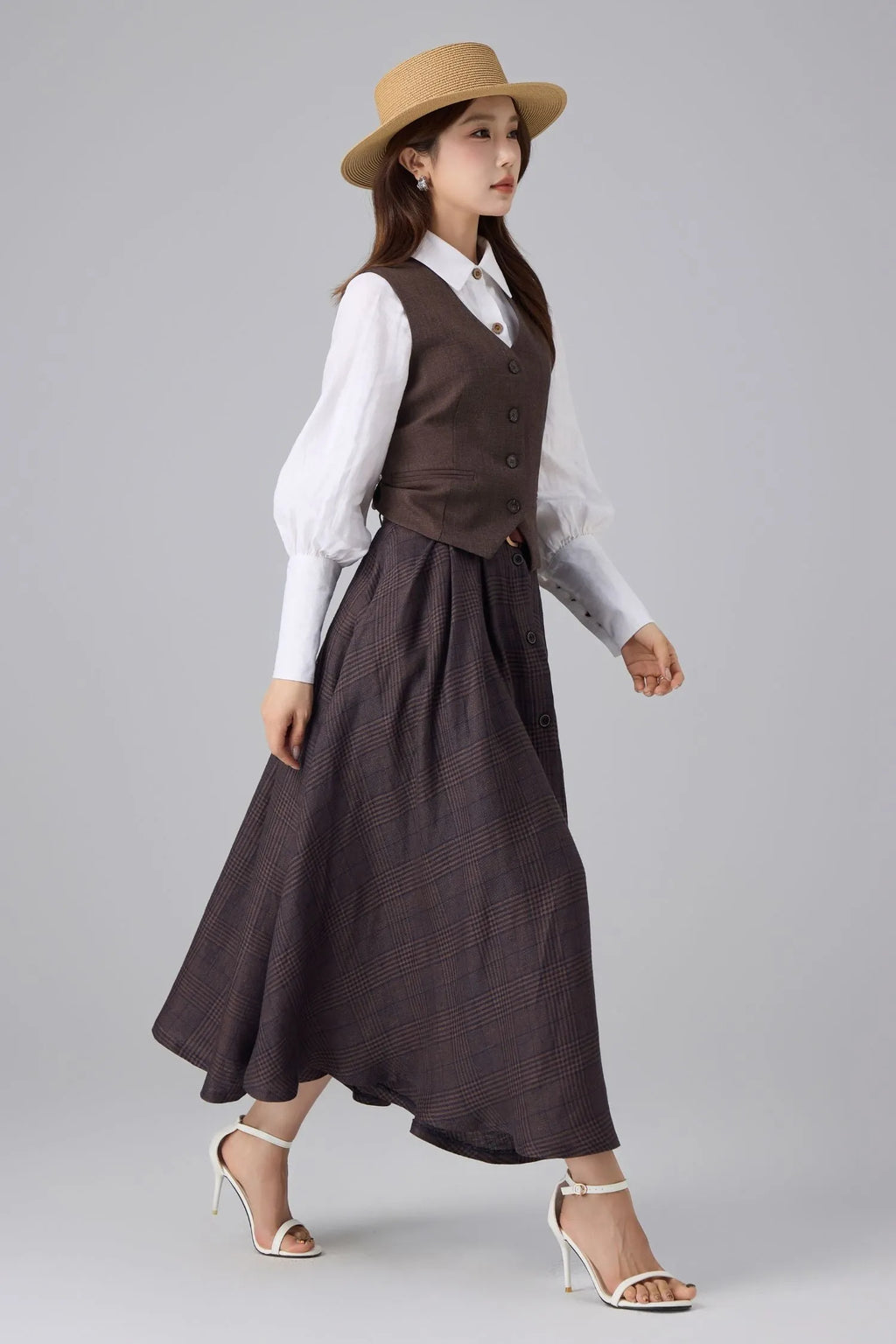 Brown Linen Cotton Skirt - Plaid High Waist 