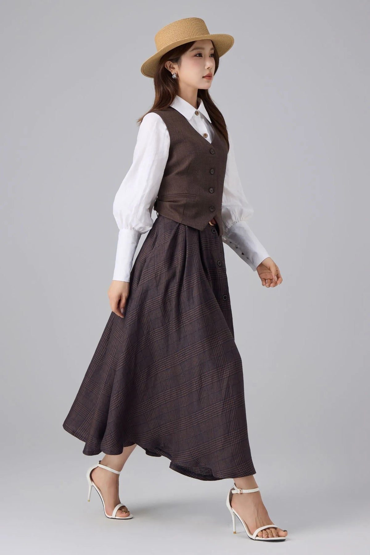 Brown Linen Cotton Skirt - Plaid High Waist 