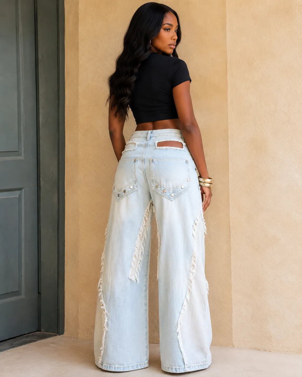 Distressed Denim Wide-Leg Pants 