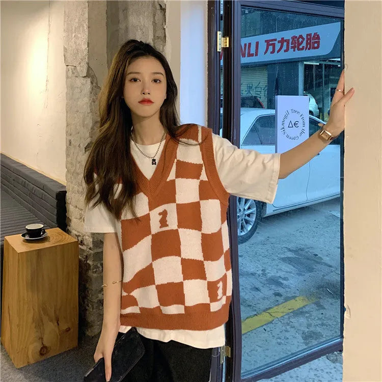 KittenAlarm - Loose Chess Plaid V-Neck Vest Sweater