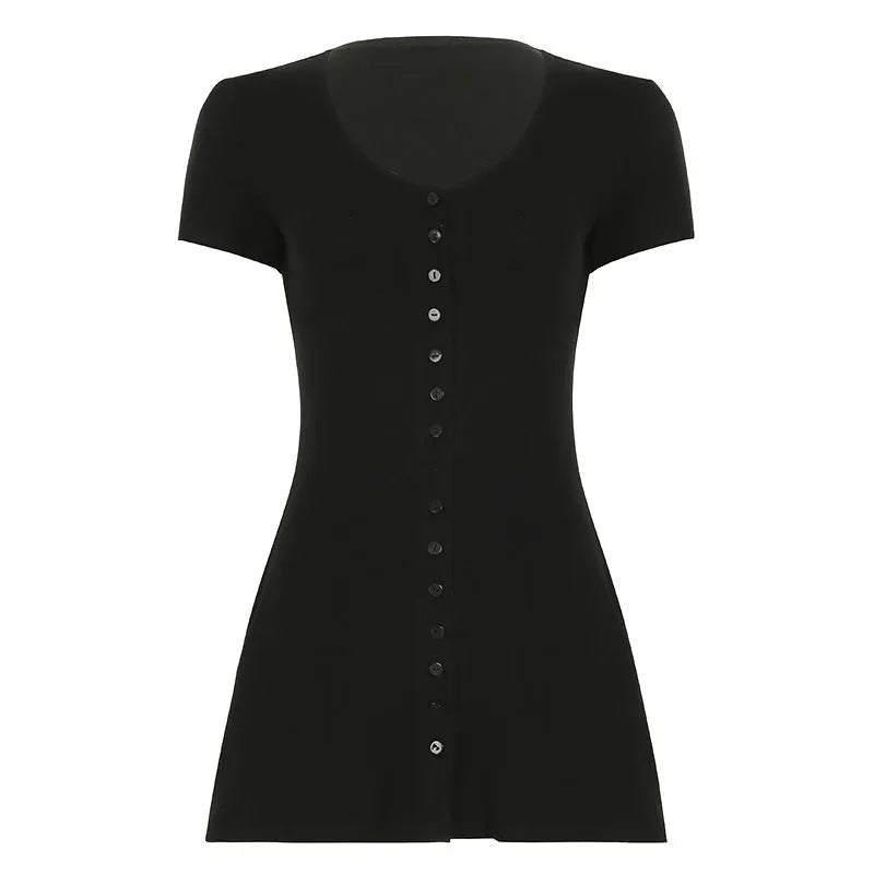 Boho V-Neck Button-Front Knit Bodycon Mini Dress