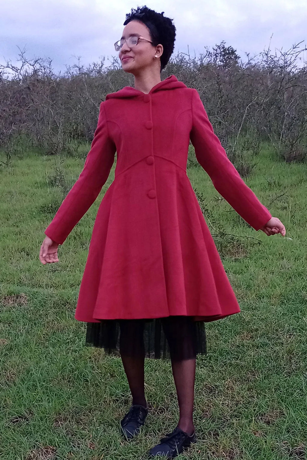 Red Wool Hooded Coat - Fit and Flare Swing Silhouette 3226