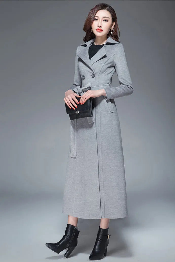 Handmade Light Gray Wool Coat – Elegant Double-Breasted Belted Long Overcoat 