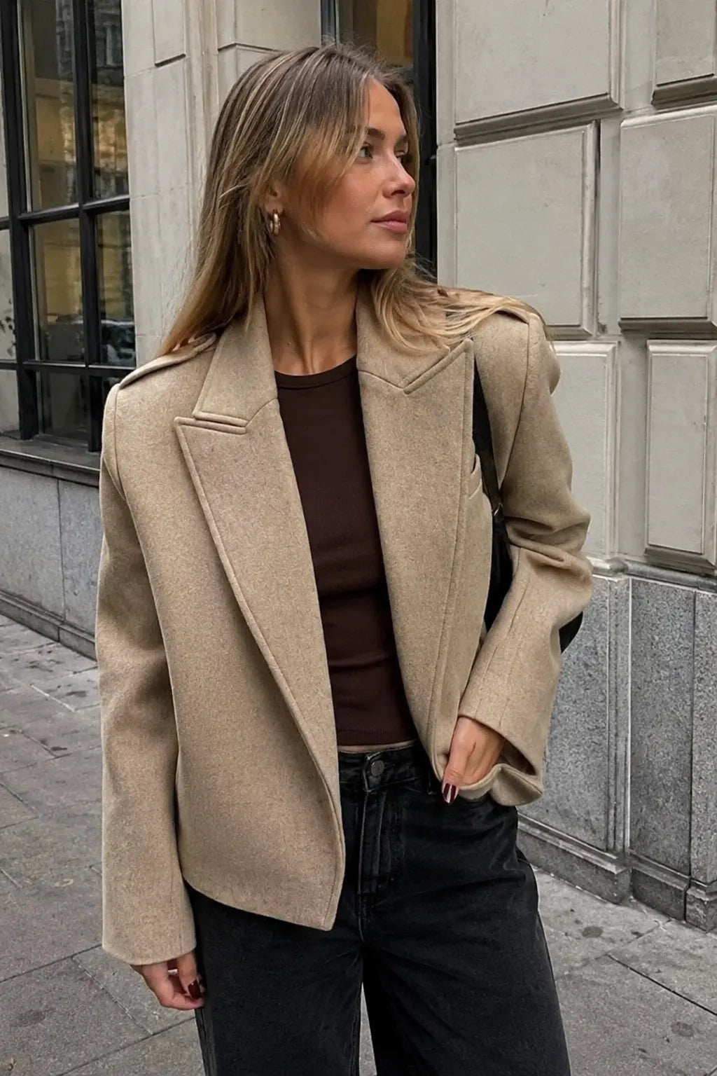 Structured Coat with Lapel Collar and Accentuated Shoulders