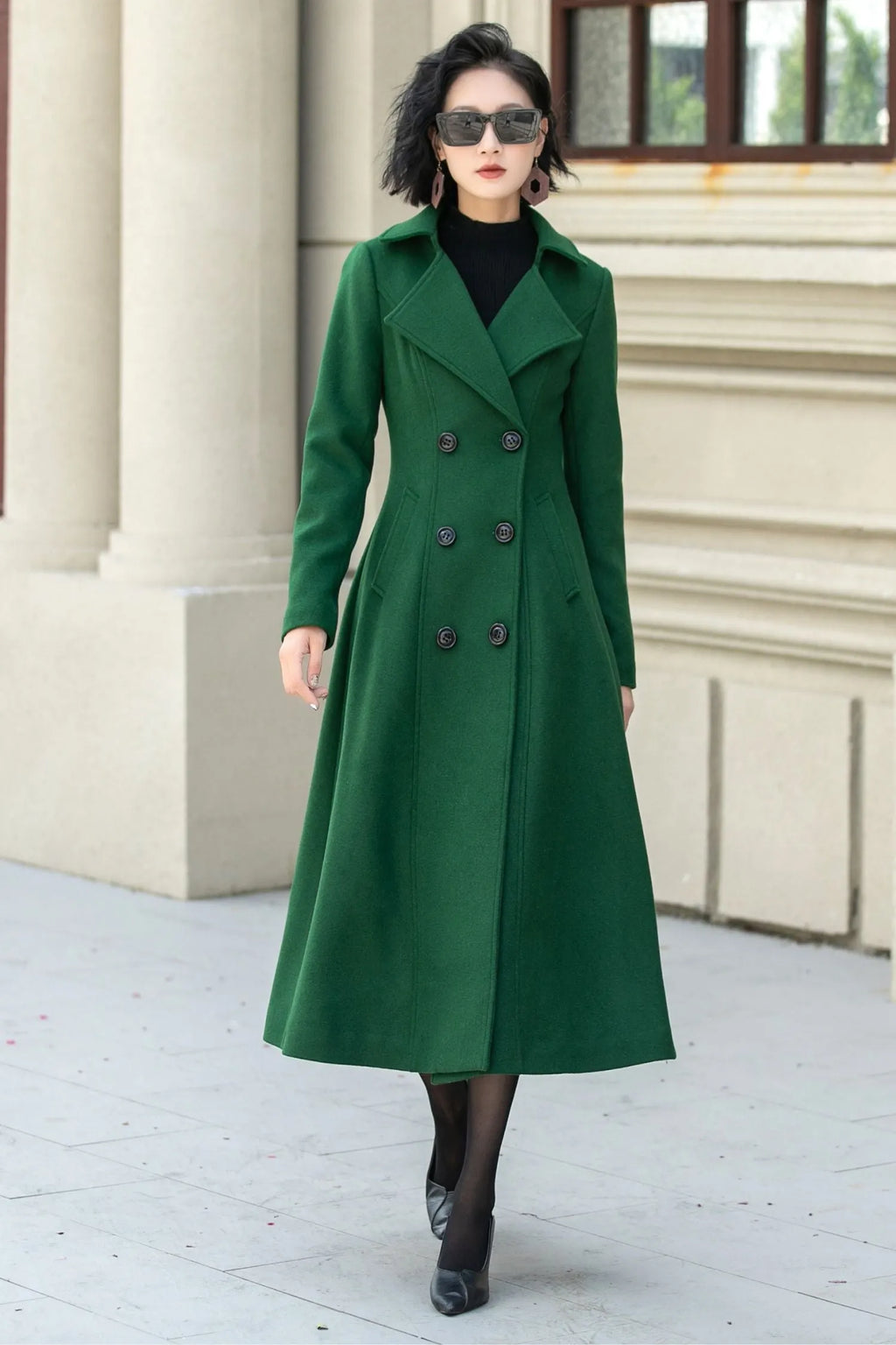 Green Wool Midi Coat - Double Breasted Tailored Fit 5349