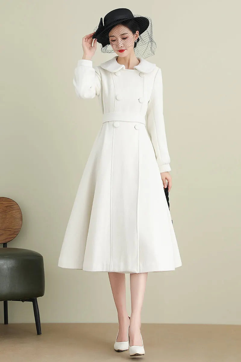 Handmade White Wool Coat – Long A-Line Swing Winter & Wedding Overcoat for Women 