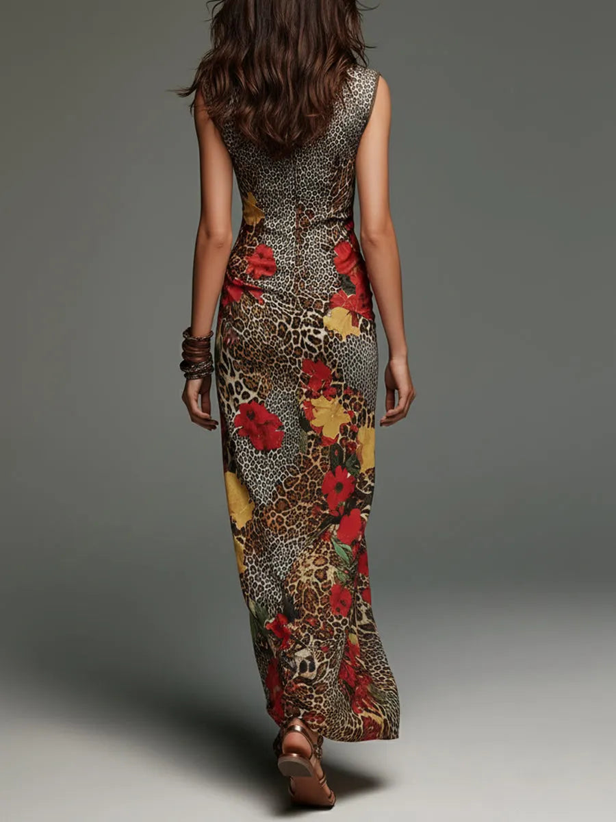 Bohemian Leopard Print Floral Stand-collar Slim-fit Maxi Dress