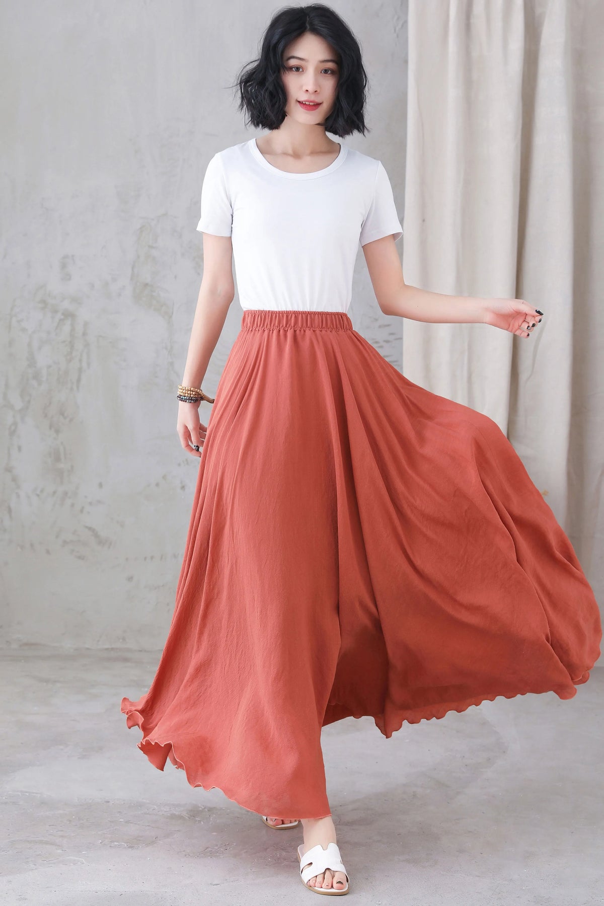 Rust Brown Linen Cotton Long Skirt - Elastic Waist Circle Silhouette 3298