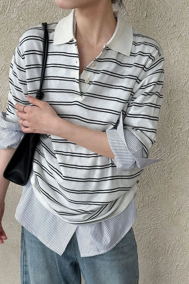 Soft Wool Striped Polo Collar Long Sleeve Long Sleeve Tee