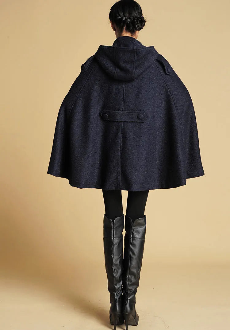 Handmade Wool Cape in Navy – Women’s Oversized Hooded Coat 0391