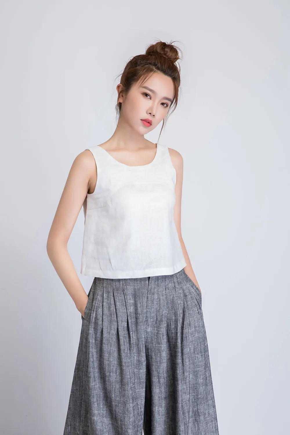 White Linen Sleeveless Top - Loose Fit, V Back 1946
