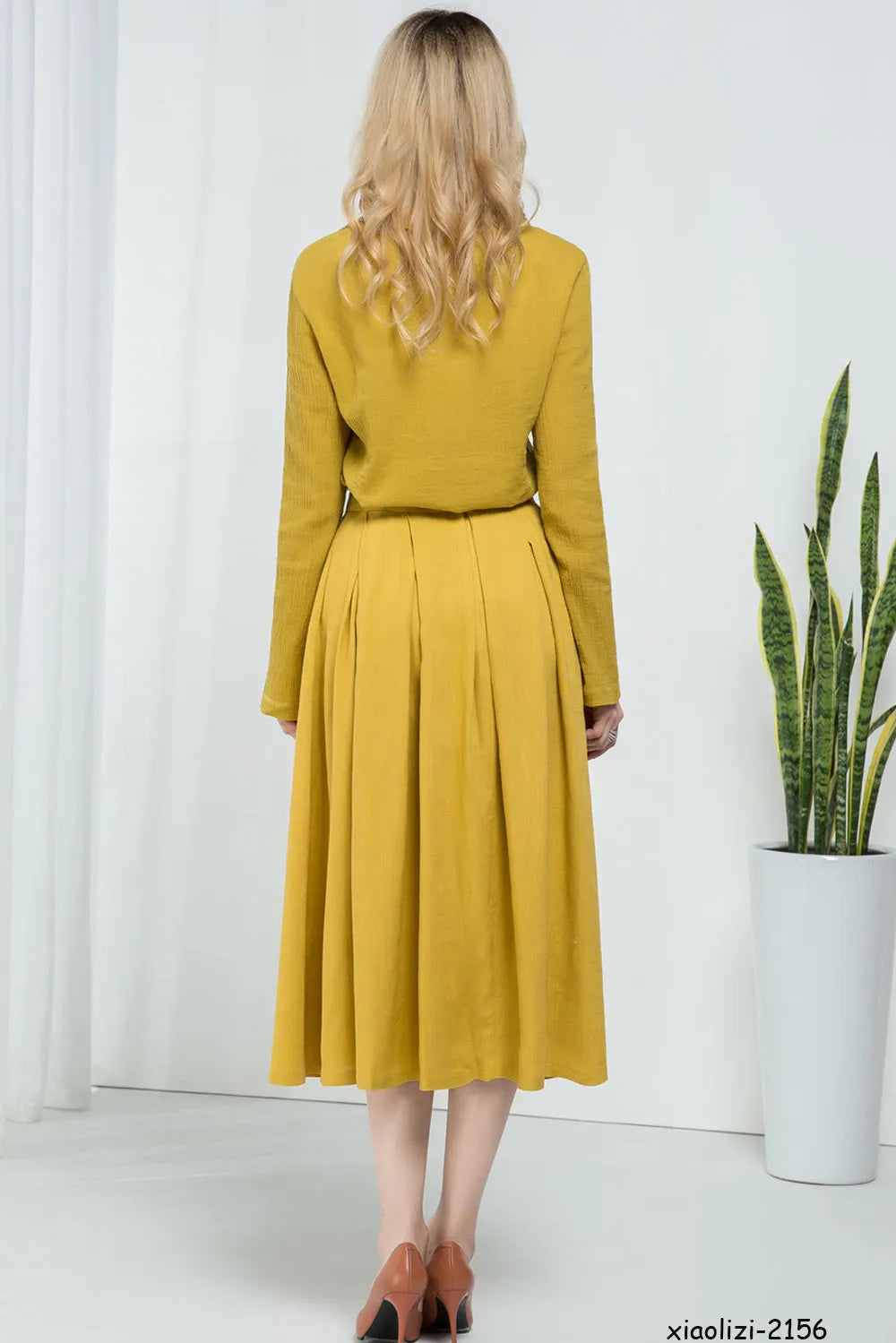Blue Linen Cotton Blend A-Line Midi Skirt - Pleated Elegance 1591