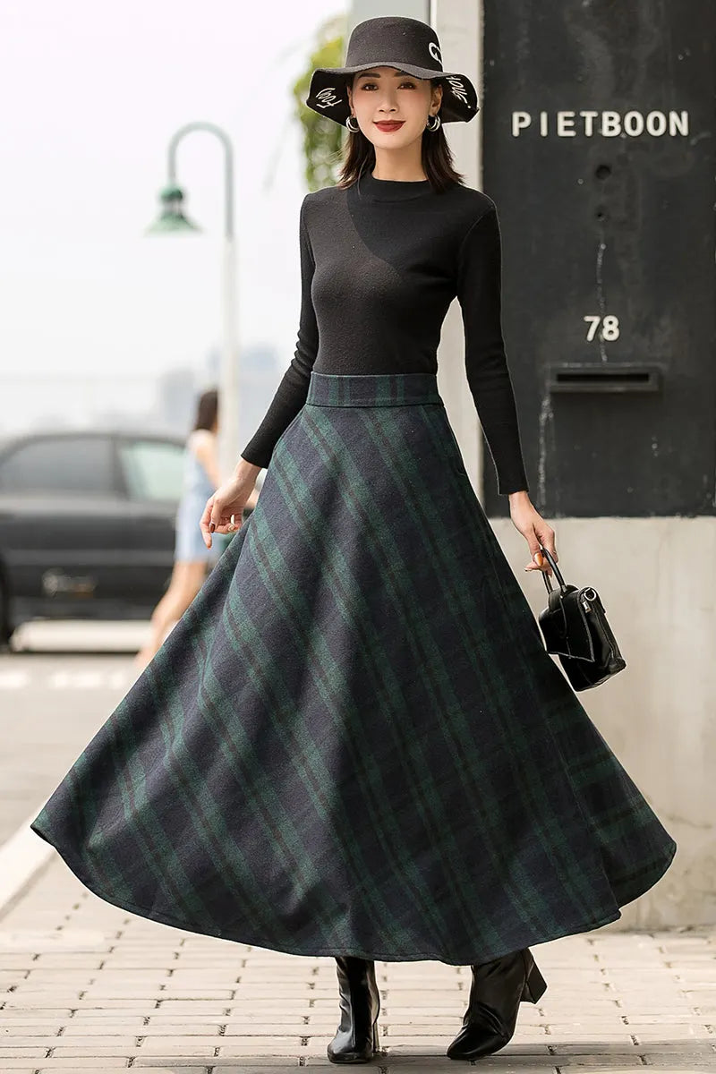 Dark Green Plaid Wool Maxi Skirt – Vintage High Waist Winter Skirt with Pockets 2836