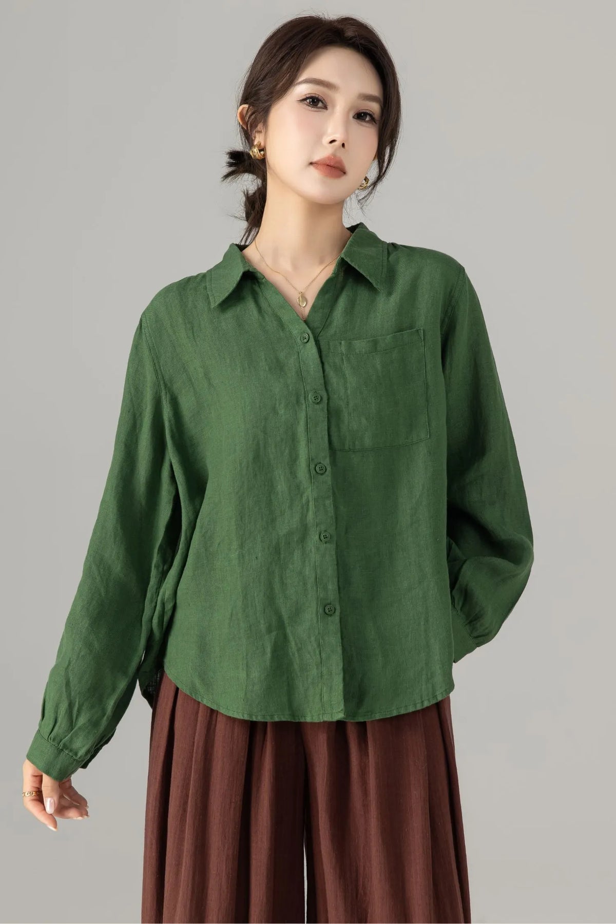 Green Linen Blouse - Loose Fit Vintage Collar Long Sleeve 