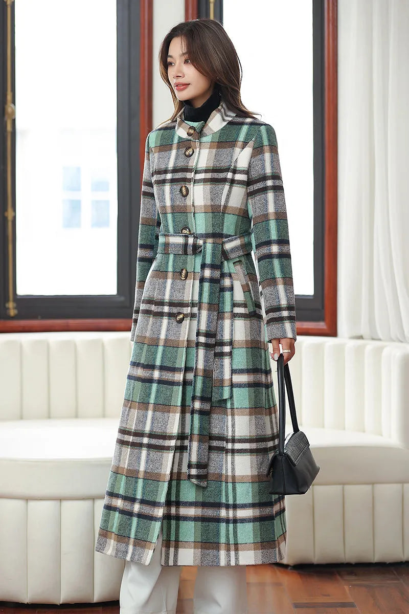 Handmade Green Plaid Wool Coat – Vintage Belted Long Winter Overcoat 