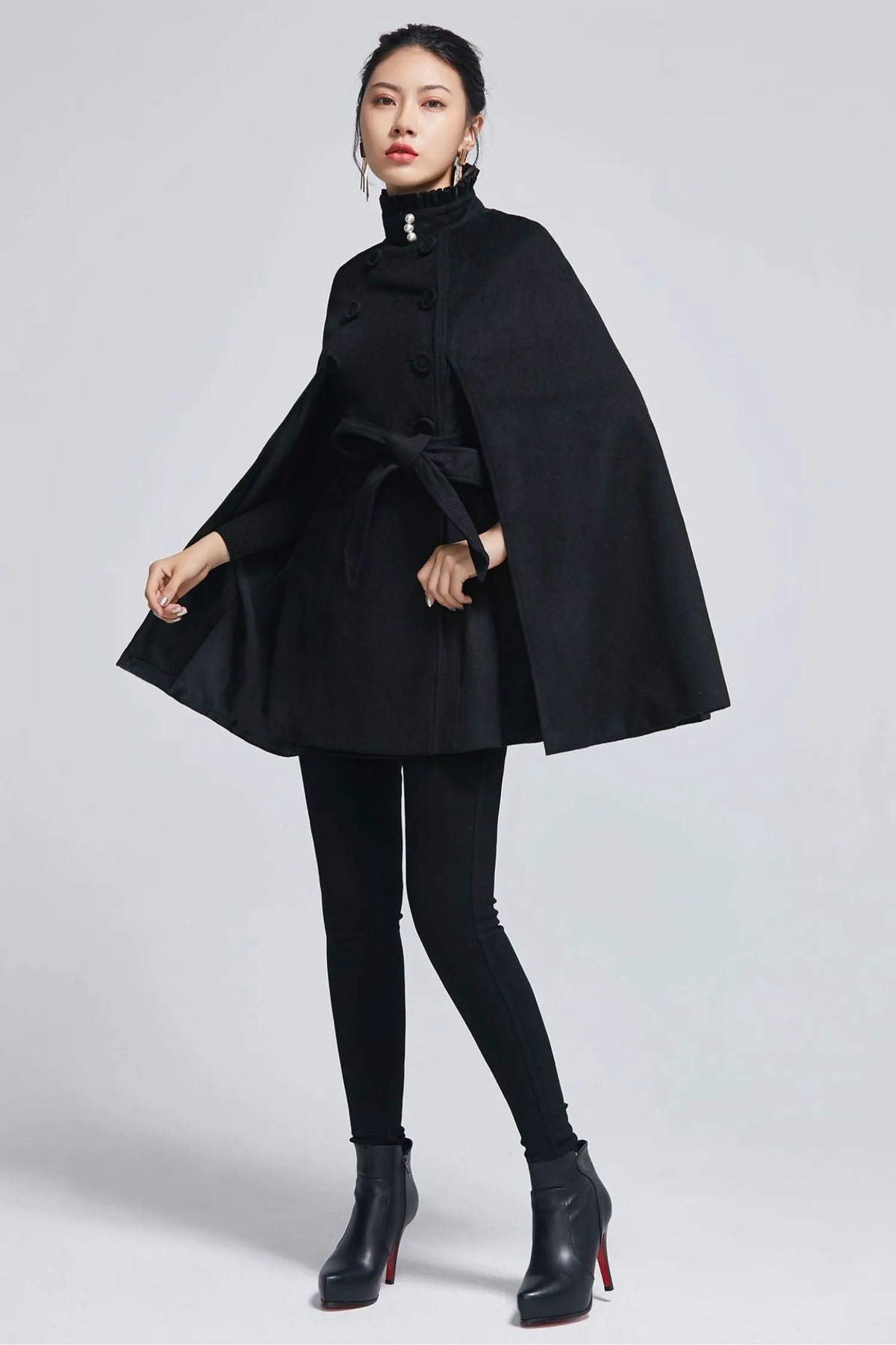 Black Wool Cape Coat - Stand Collar with Ruffle Accents 2278