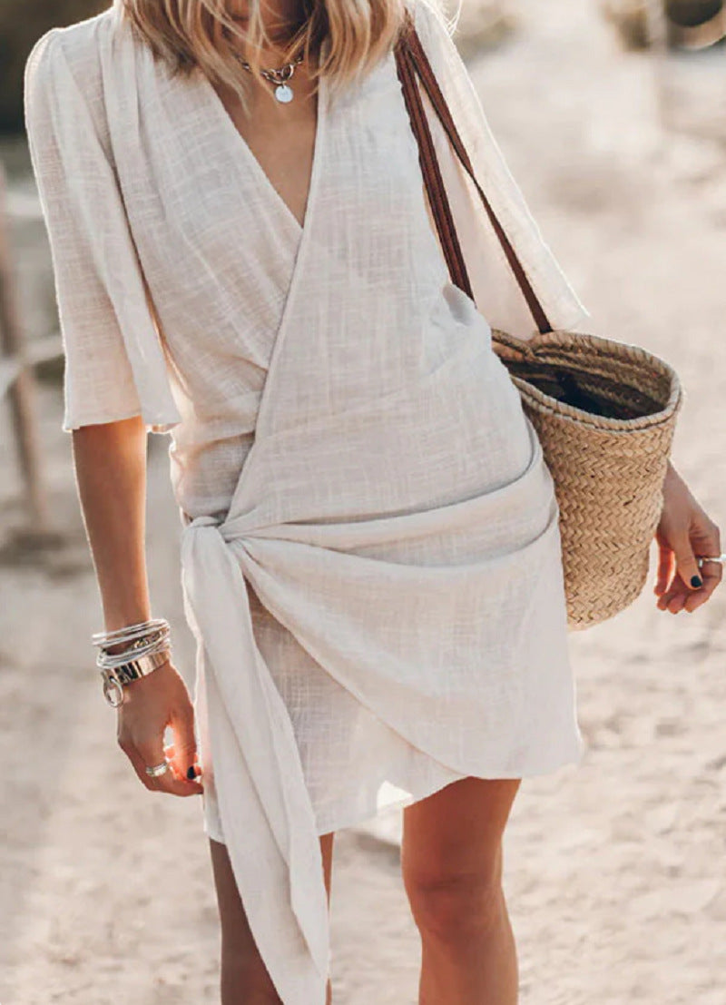 Casual Linen Cross Style V-neck Short-sleeved Dress