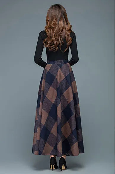 Plaid Wool Long Skirt - Full Flowy A-Line Silhouette 3947