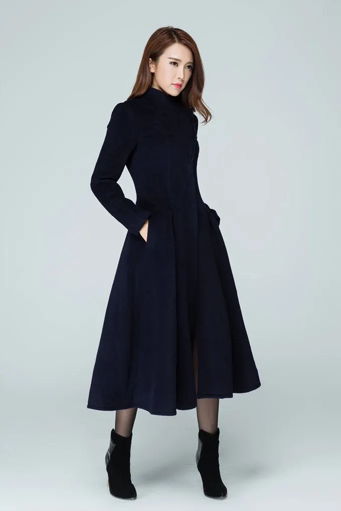 Classic Navy Wool Blend Coat – High Collar & Flowing Midi Silhouette 1605