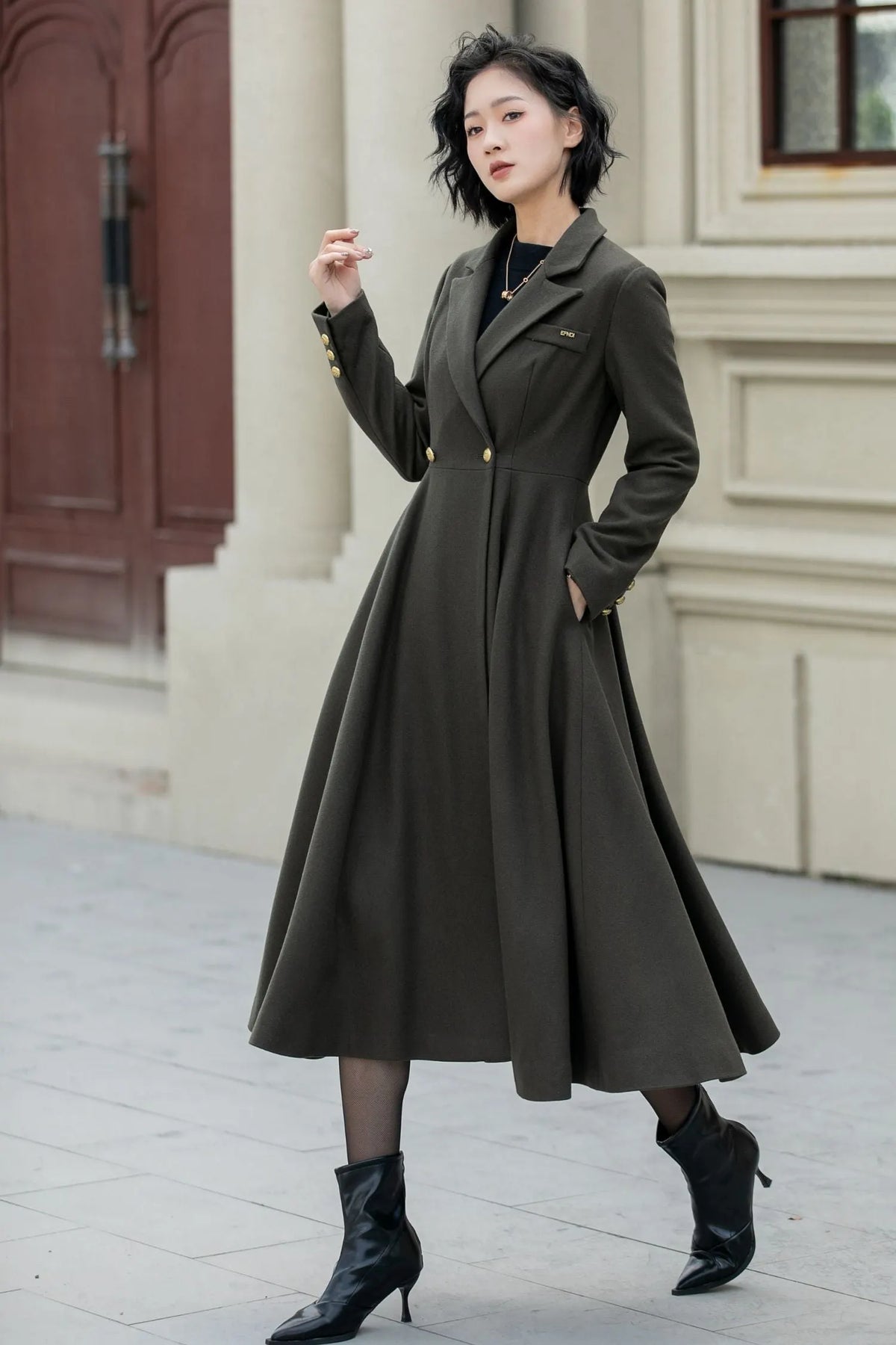 Army Green Wool Fit and Flare Double Breasted Coat - Fitted Waist 5459