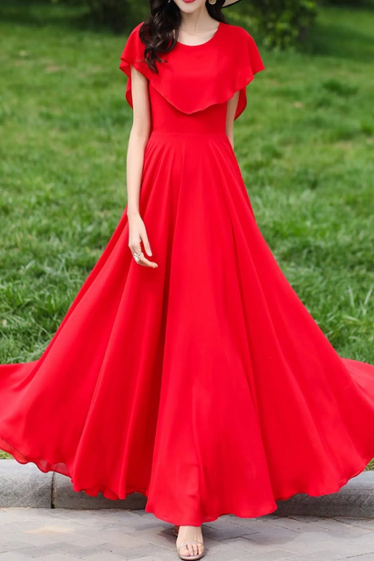 Red Chiffon Prom Maxi Dress - Fit and Flare with Cape Detail 5029