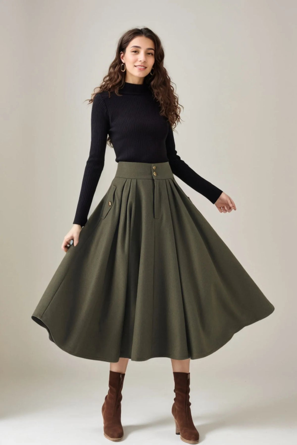 Vintage Wool Blend Pleated Midi Skirt – Handmade High Waist Winter Skirt 