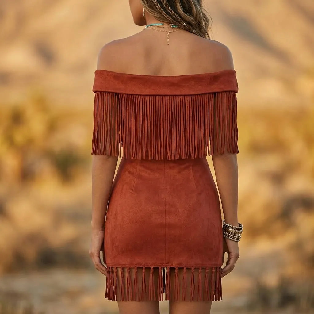 Faux Suede Fringe Off-Shoulder Mini Dress For Women Boho Chic Summer Party Outfit