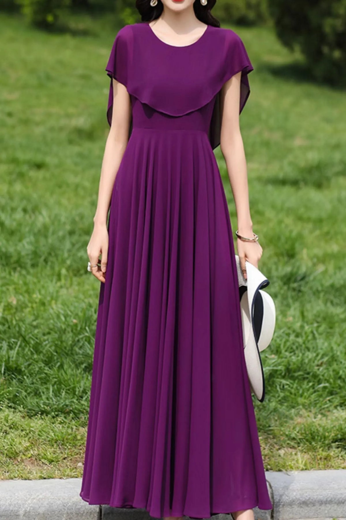 Purple Polyester Chiffon Prom Dress - Cape Detail, Ankle Length 4982
