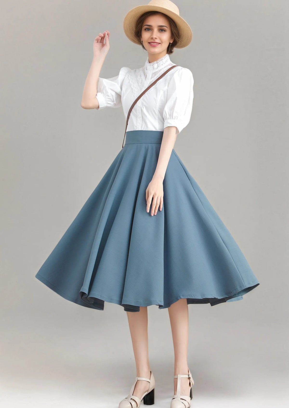 Blue Linen Blend Full Circle Midi Skirt - High-Waisted Flared Silhouette 3275