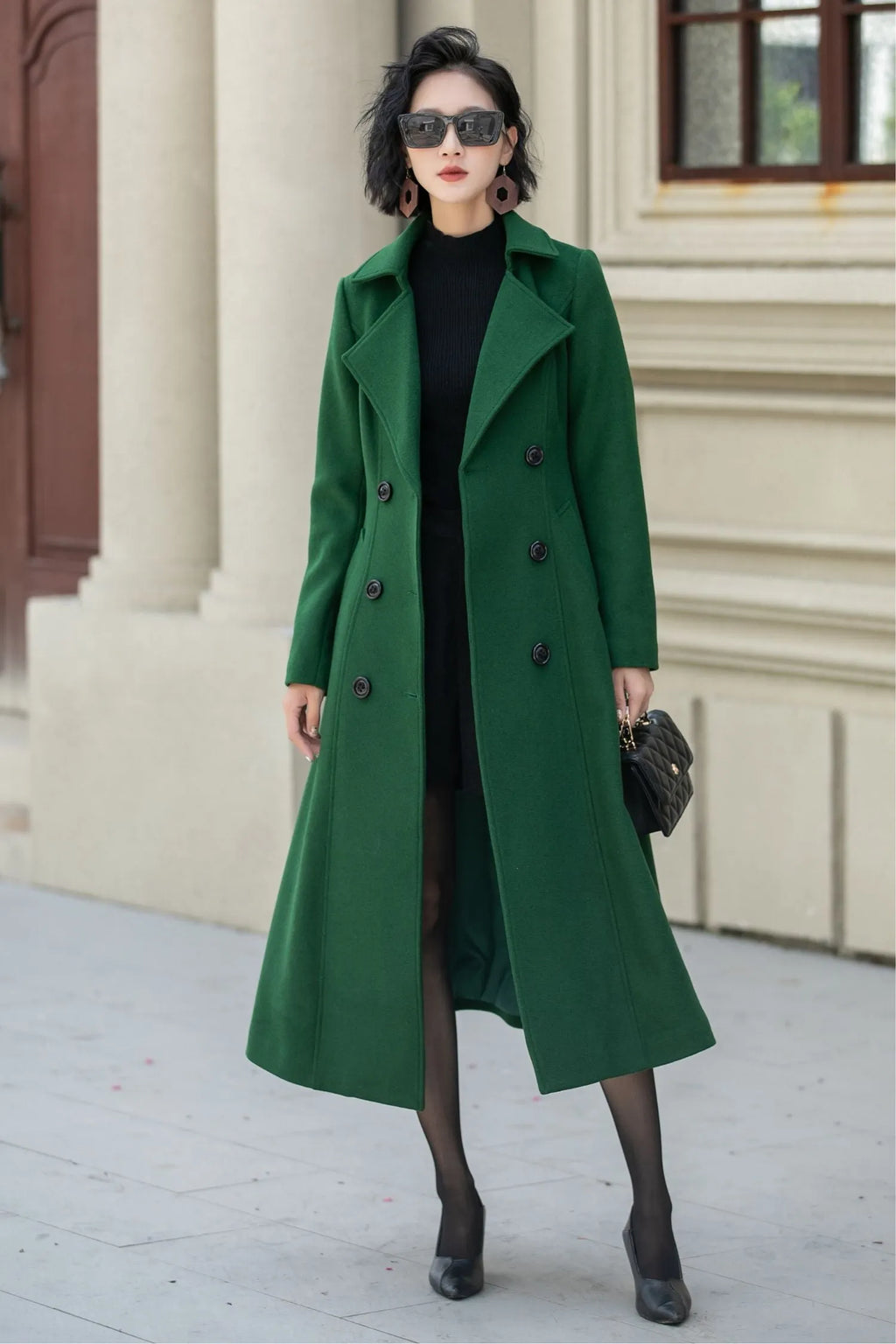 Green Wool Midi Coat - Double Breasted Tailored Fit 5349