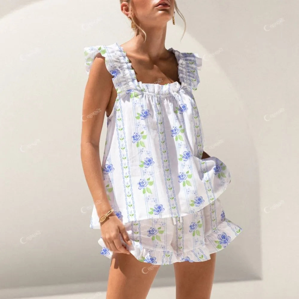 Colordate Blue Flower Print Short Tank Top Shorts Pajama Set