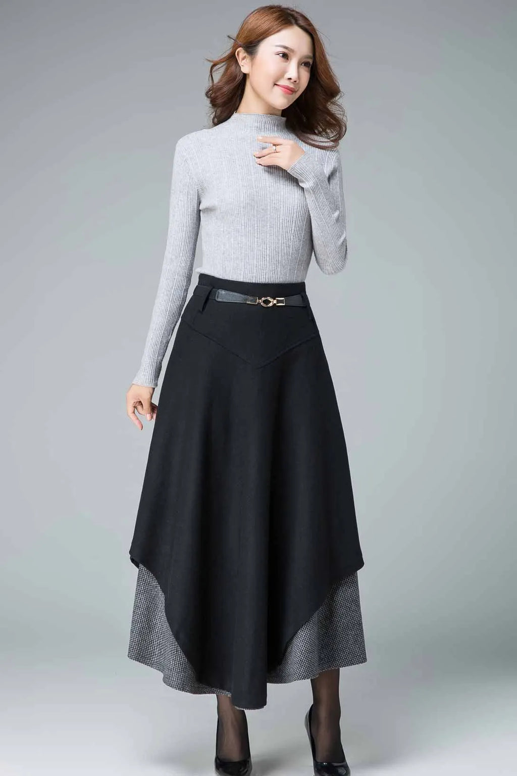 Black Wool Maxi Skirt - Tiered, Fit and Flare Silhouette 1837
