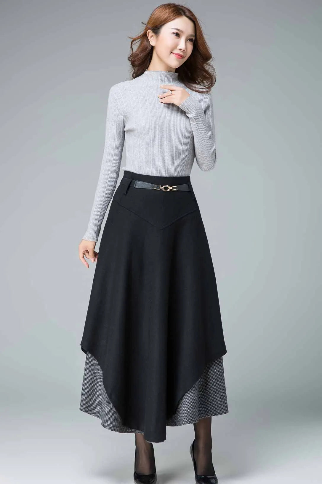 Black Wool Maxi Skirt - Tiered, Fit and Flare Silhouette 1837