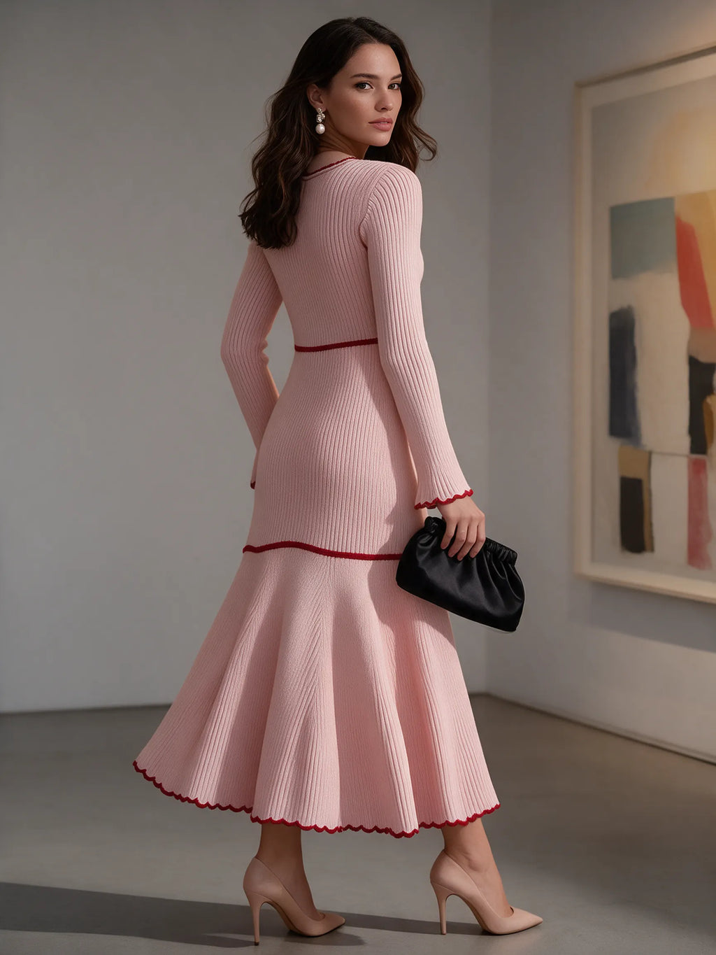 Old Money Vacation Contrast Trim Pink Knitted Maxi Dress
