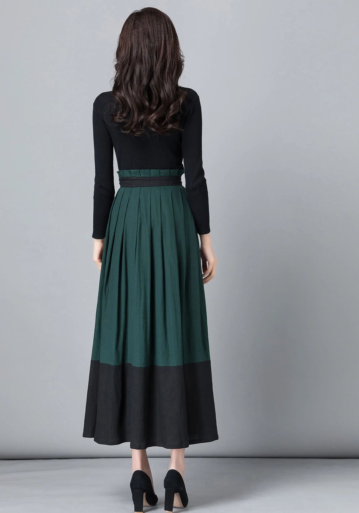 Handmade Wool Wrap Maxi Skirt – Dark Green & Black Color-Block 