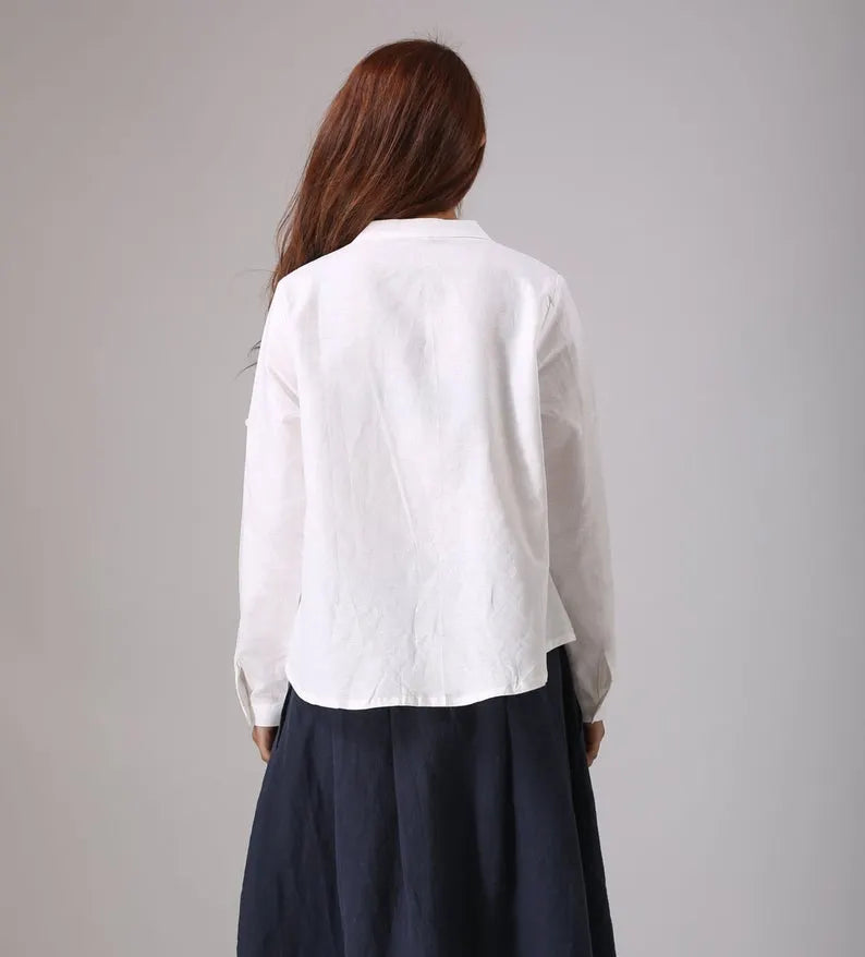White Linen Blouse - Button Front, Long Sleeve Shirt 779