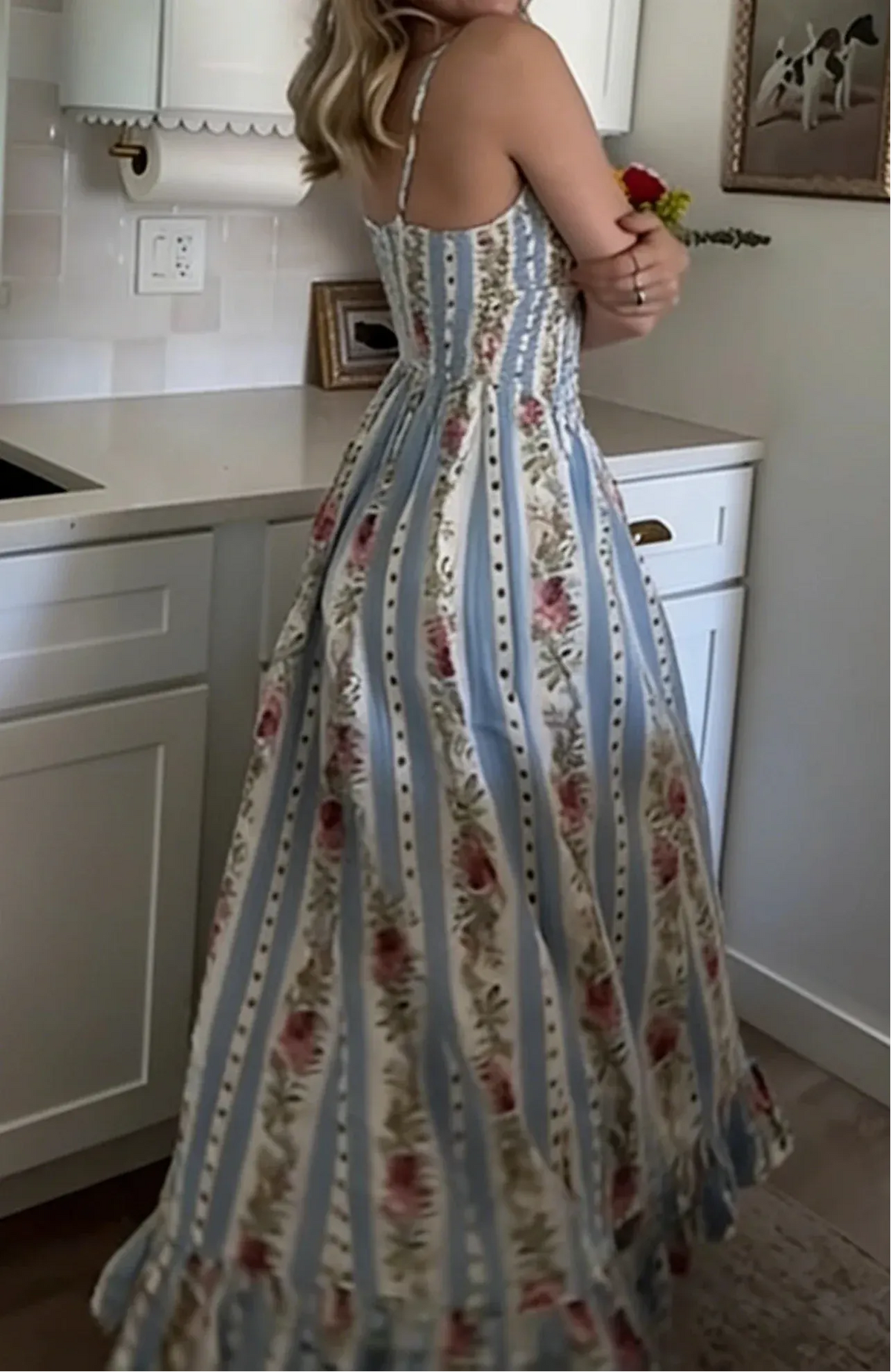 Blue White Stripe Floral V-Neck Tie Cami Flare Maxi Dress | Boho Vintage Tea Dress