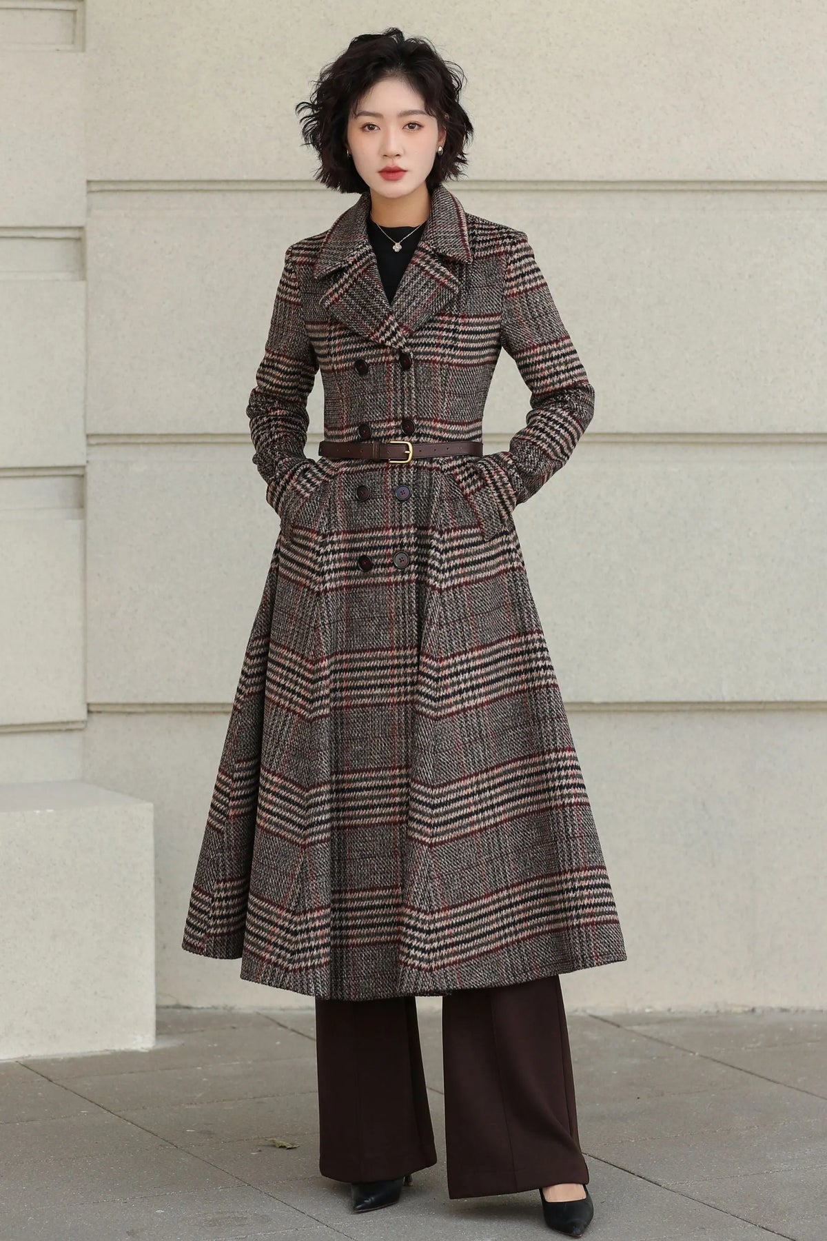 Plaid Wool Coat - Vintage Inspired Fit and Flare Long Double Breasted 6529
