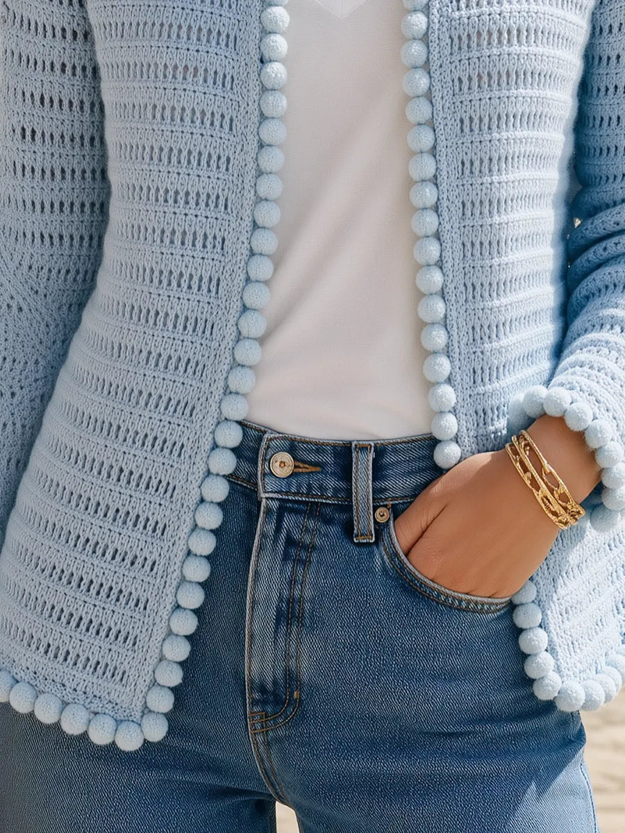 Resort-style Crew-neck Long-sleeve Pom-pom Trim Cardigan
