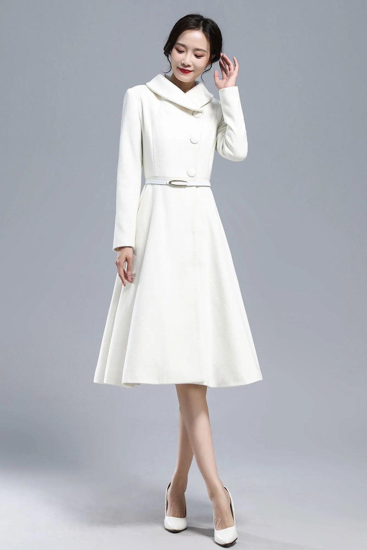 White Wool Blend Coat – Vintage Below Knee Winter Overcoat with Pockets 3163