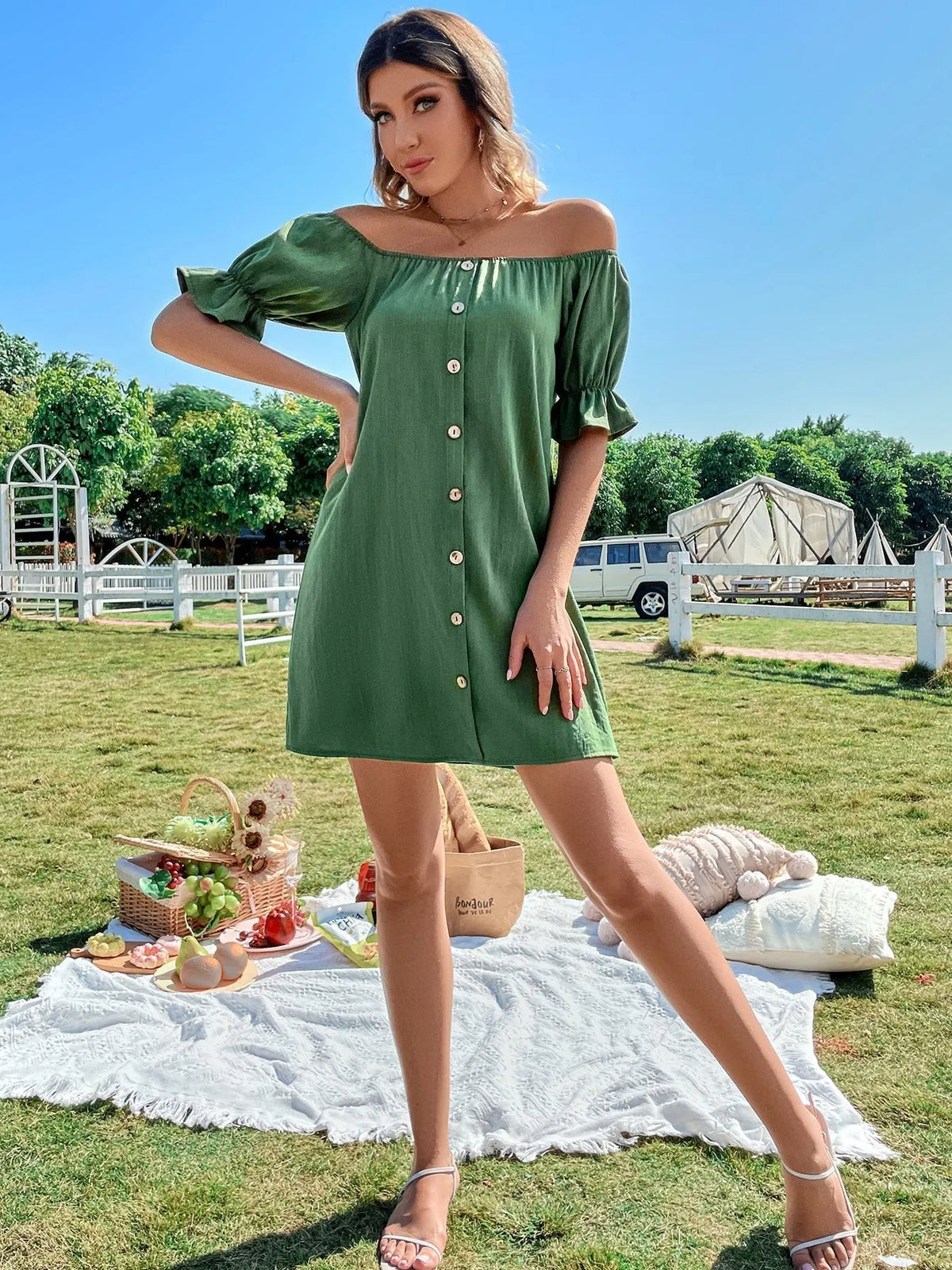 KittenAlarm - Off Shoulder Button Up Dress
